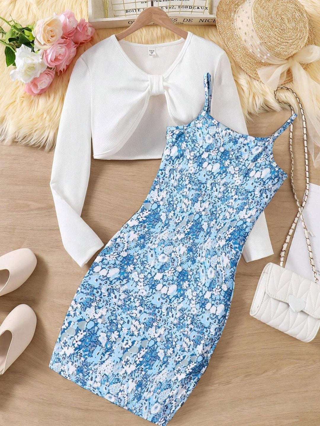 Girls Floral Printed Bodycon Shoulder Straps Maxi Dress